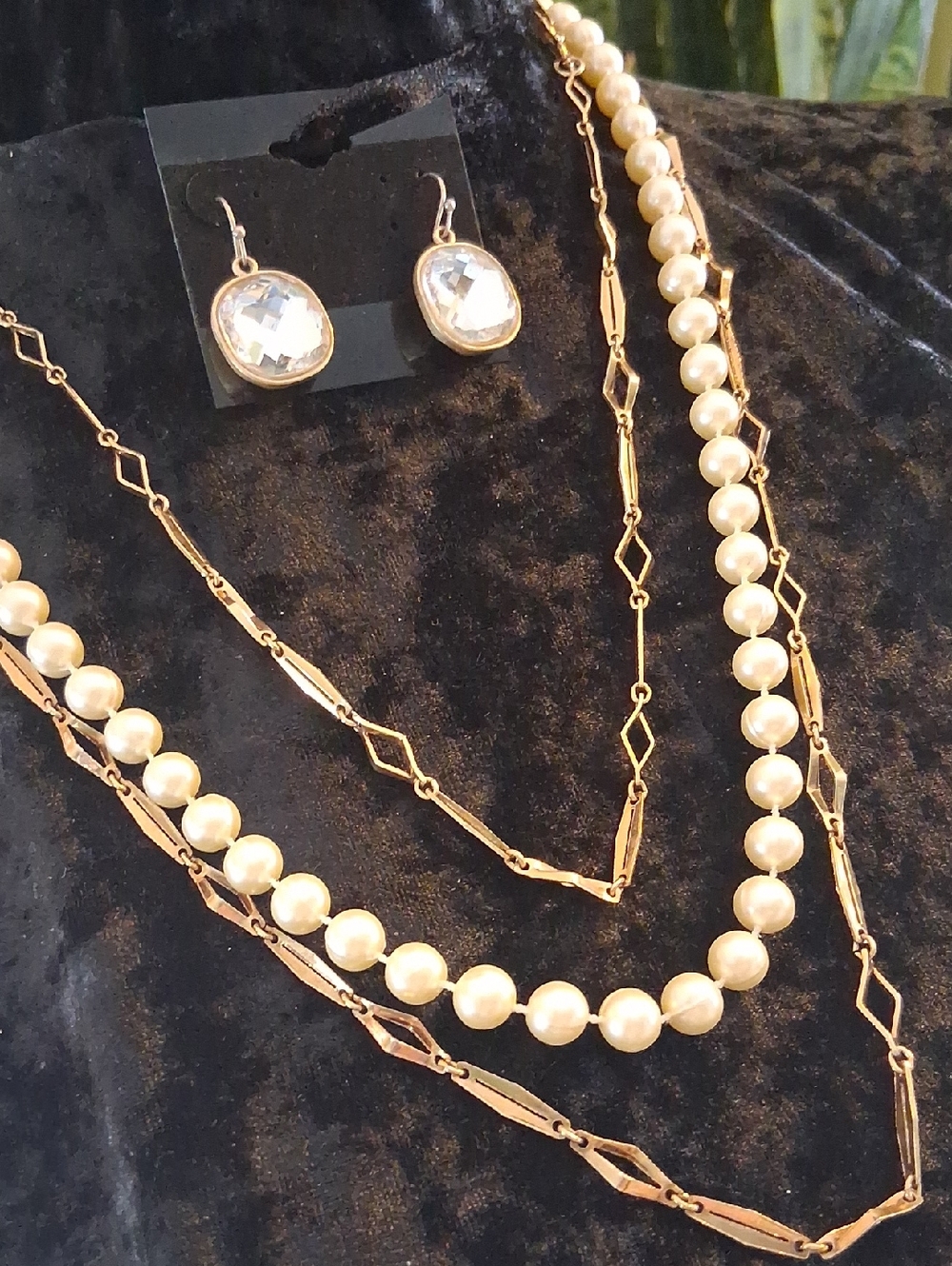 Vintage Gold Pearl Multi-Strand Necklace with Crystal Drop Earrings 42 & 26 In L